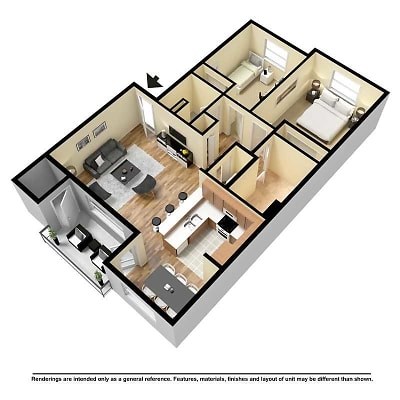 A 3D rendered image of a house layout.